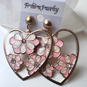 Heart Floral Earrings Pink Gold